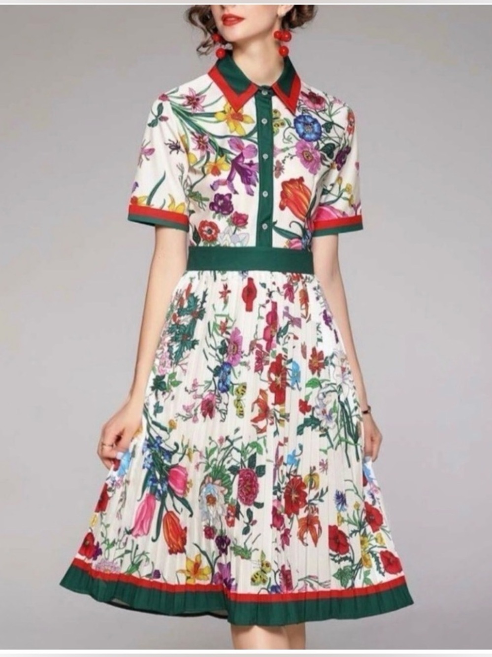 Dalia Macphee Floral Shirt Dress Size XL Midi Pleated Botanical Print Preppy